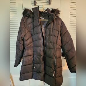 Guess Women's Black Puffer Jacket with Fur Hood
